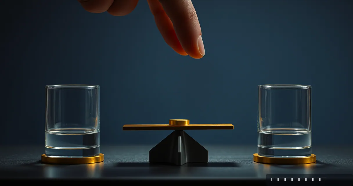 A cinematic close-up shows a balanced brass scale between two glass cylinders filled with liquid on a dark surface, under soft directional lighting.