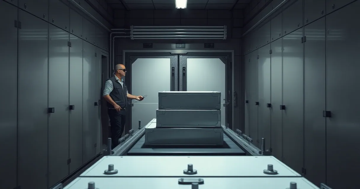 A man in a vest stands next to a conveyor belt inside a high-security vault filled with metallic lockers, overseeing the transport of large, sealed industrial cases.