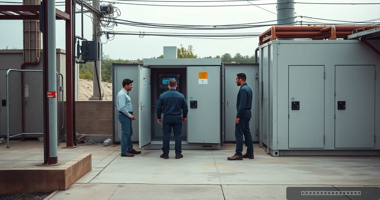 Three individuals interact near a utility relay station, symbolizing infrastructure development in digital assets. The central safe area shows the replacement of one validator machine while an engineer verifies the new connection.