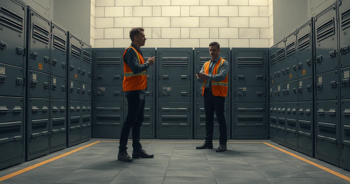Two individuals in safety vests stand in a high-security vault filled with uniform gray lockers, discussing a transaction between them.
