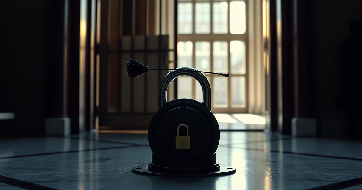 A large, dark metallic padlock sits prominently in the center of a grand hallway, positioned before an open gate. A small brass lock icon is visible on its face. The scene is lit with late-afternoon light filtering through a distant window.