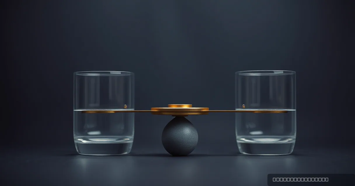 A minimalist cinematic shot featuring a balanced brass beam resting on a dark sphere between two clear glass cylinders, symbolizing stable transaction flow.
