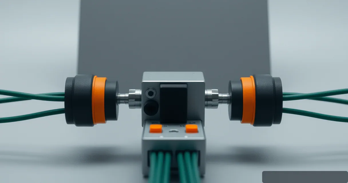 A close-up editorial shot of a metallic relay hub connecting multiple green fiber optic cables through industrial couplings with orange accents, symbolizing a bridge between traditional finance and decentralized infrastructure.