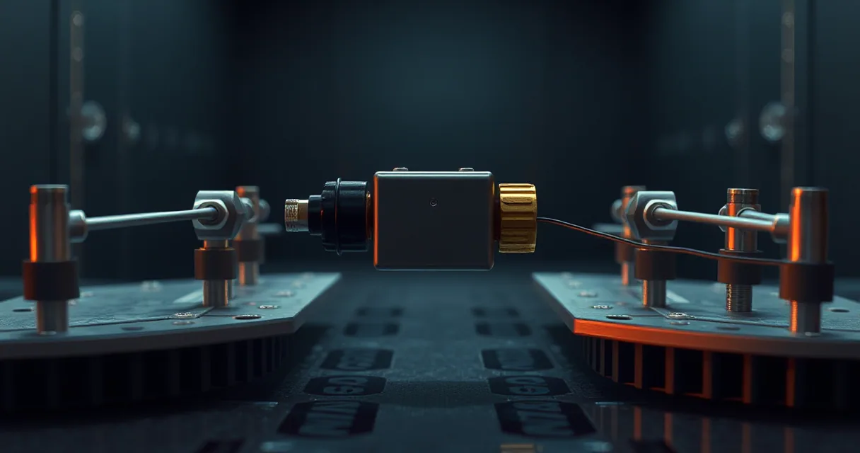 A cinematic close-up of a metallic relay mechanism connecting two industrial platforms via fiber-optic cables, symbolizing a transition in digital asset routing.