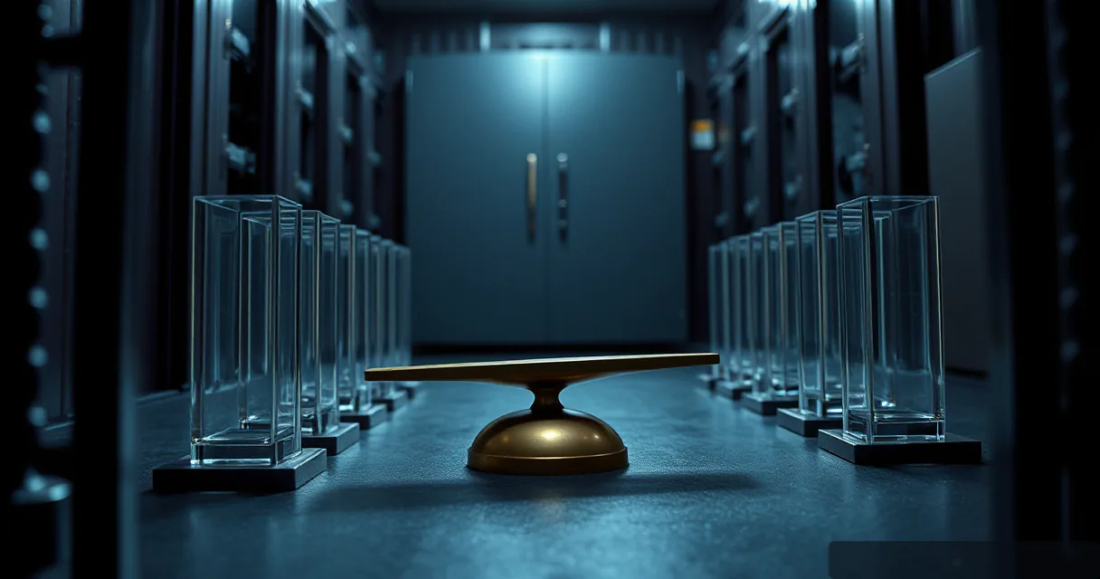 A cinematic editorial shot in a dimly lit secure vault featuring a balanced brass scale centered between two rows of clear glass rectangular prisms. The scene uses a cool blue and warm gold color palette to symbolize the stability of digital assets within a new payment infrastructure.