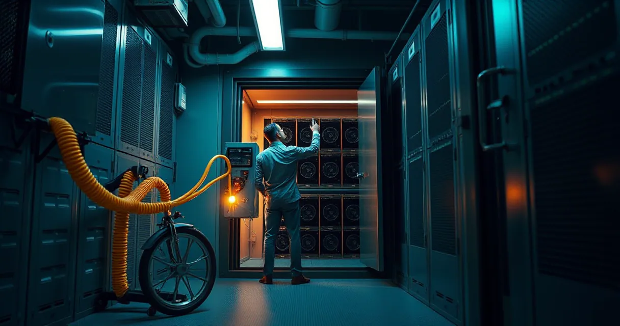 An engineer stands before an open vault door in a high-tech data center, connecting a glowing orange cable to a server rack. The scene is lit with cool blue tones and a warm amber glow at the point of connection.
