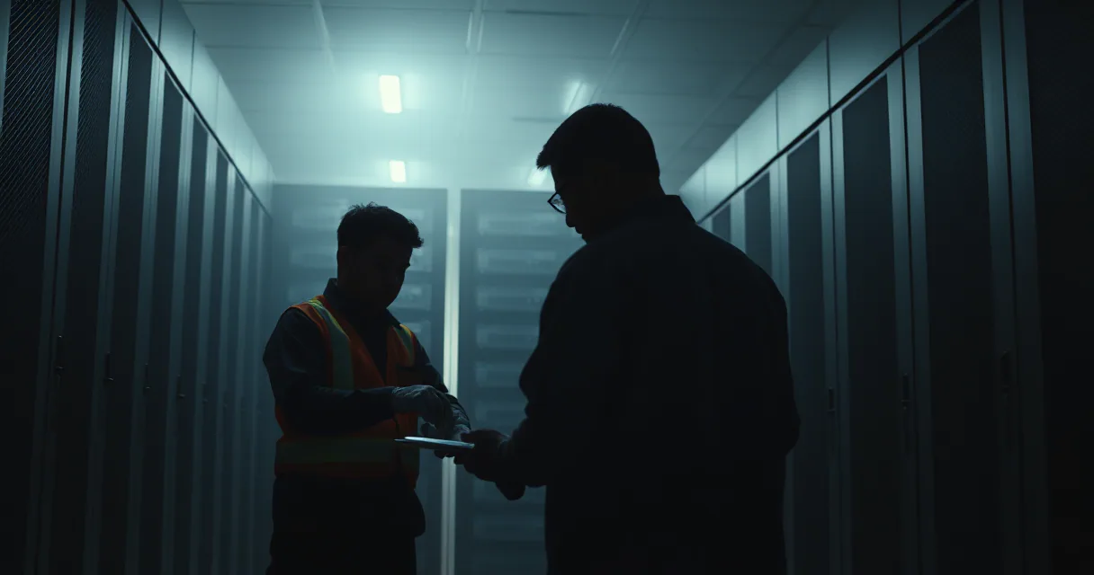 Two technicians in silhouette work within a dimly lit server room corridor, one wearing an orange safety vest, symbolizing infrastructure updates.