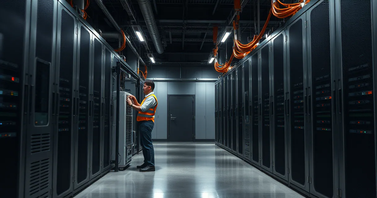 A technician in a high-tech data center works on a server rack amidst rows of equipment connected by vibrant orange cables.