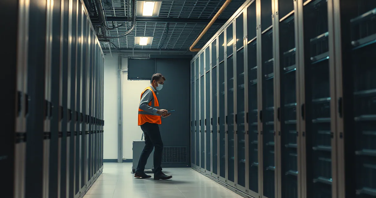 A technician wearing a safety vest and mask stands in a long aisle between rows of server racks in a data center, looking at a handheld device.