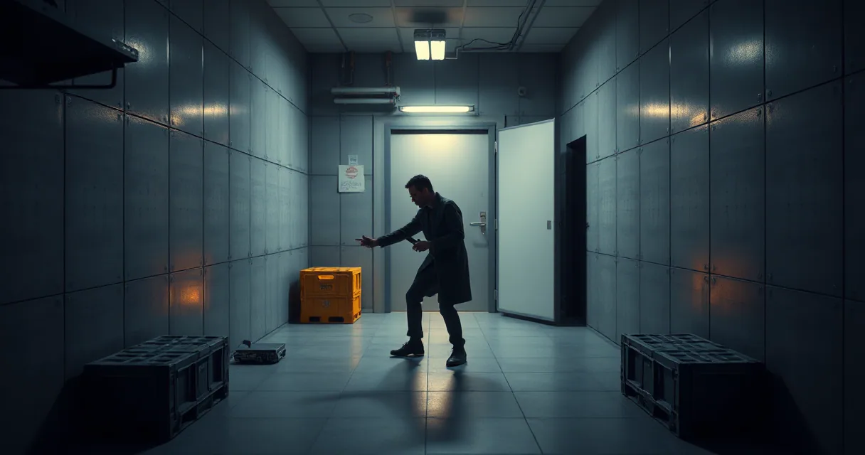 A person in dark clothing stands in a dimly lit, metallic-walled vault corridor, holding a small device near a glowing orange crate. The scene is illuminated by cool blue tones with a warm amber light source highlighting the action.