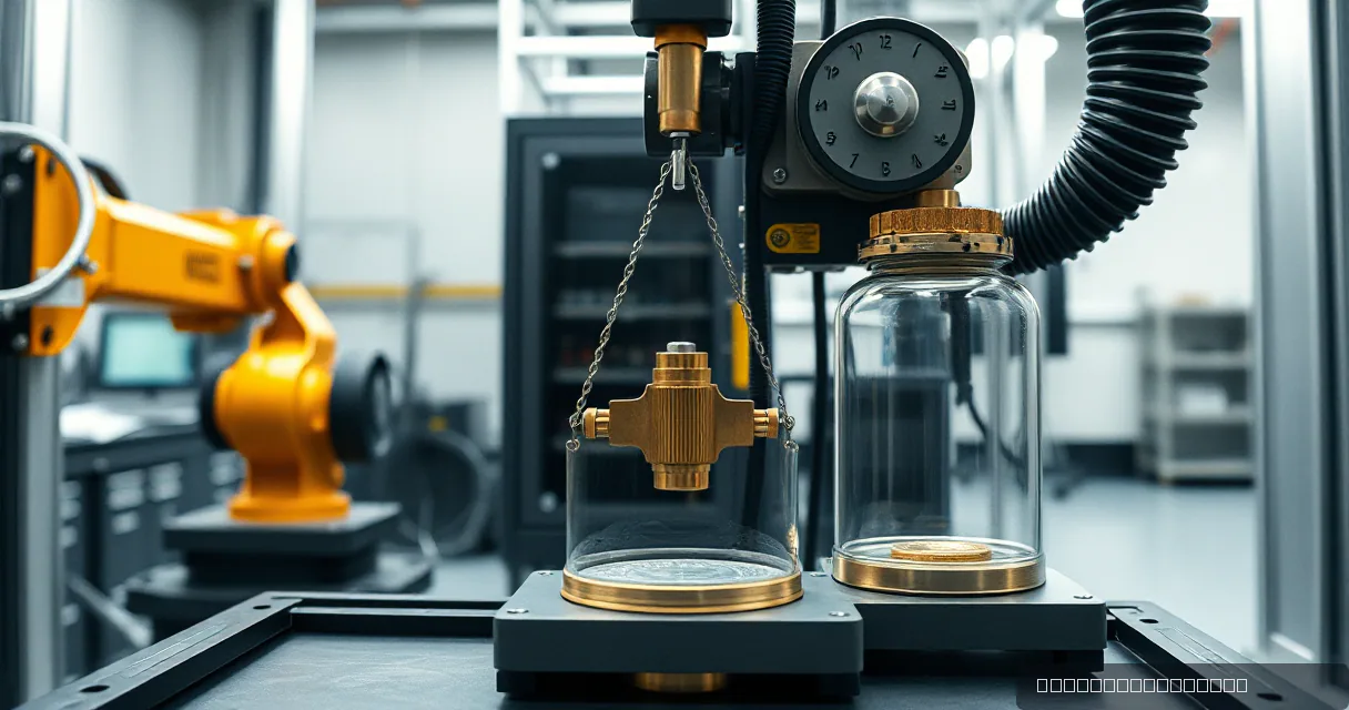 A cinematic close-up of a mechanical calibration system featuring two glass cylinders and a balanced brass counterweight mechanism set against an industrial workshop background.