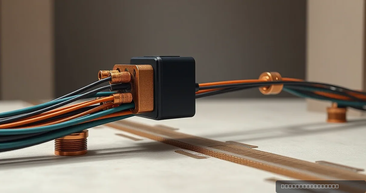 A close-up cinematic shot of a dark rectangular relay box connecting multiple copper and teal cables across a textured surface with metallic tracks.