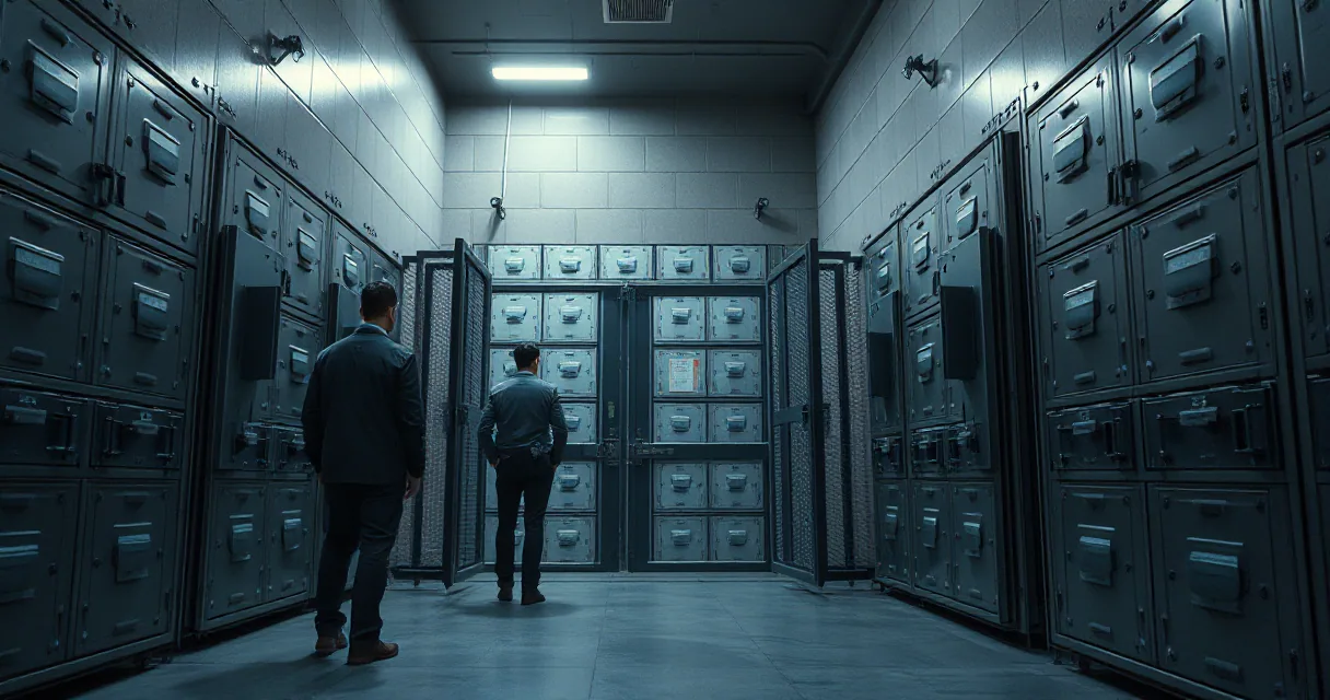 Two men in professional attire stand inside a large, dimly lit vault filled with rows of heavy metal safety deposit boxes. One man stands in the foreground looking toward the back, while another is positioned further back near an open gate leading to more vaults.