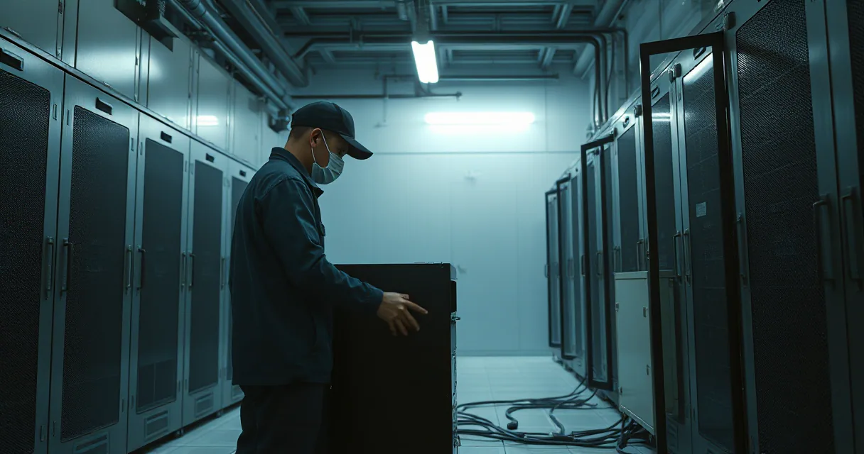 A technician in dark clothing and a face mask works on a server rack inside a dimly lit data center with rows of equipment and cool blue lighting.