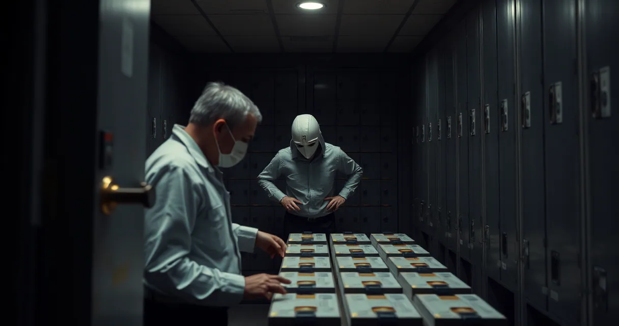 A man in a white face mask and light blue shirt stands in a dimly lit, industrial-style vault filled with rows of metal lockers, inspecting a large stack of identical sealed packages. In the background, another figure in a full protective suit and helmet stands over the same pile of goods.