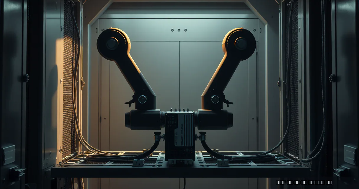 Two industrial robotic arms are positioned symmetrically over a central mechanical hub, connecting thick cables to a metal platform in a dimly lit, high-tech corridor. The scene is illuminated by warm side lighting against cool grey and metallic surfaces.