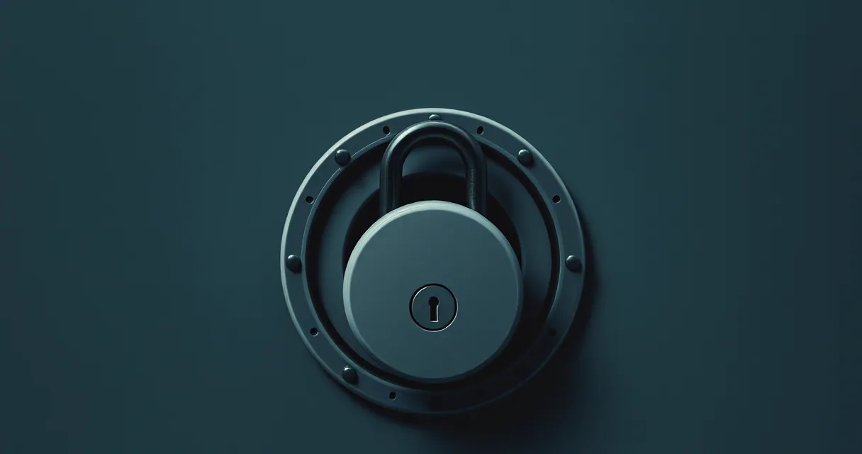 A large, metallic padlock is centered within a circular industrial frame against a dark teal background, symbolizing the security and containment of digital assets.