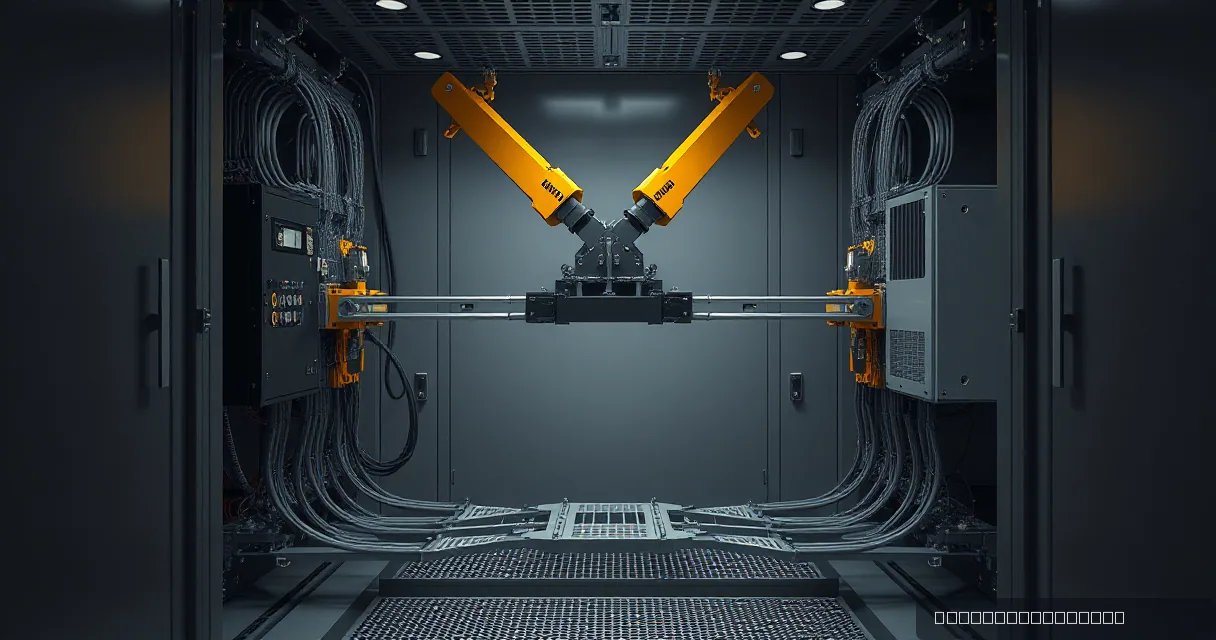 Two mechanical service arms in an industrial relay cabinet connect a bridge of fiber optic cables and metal couplings, symbolizing the integration of trading infrastructures.
