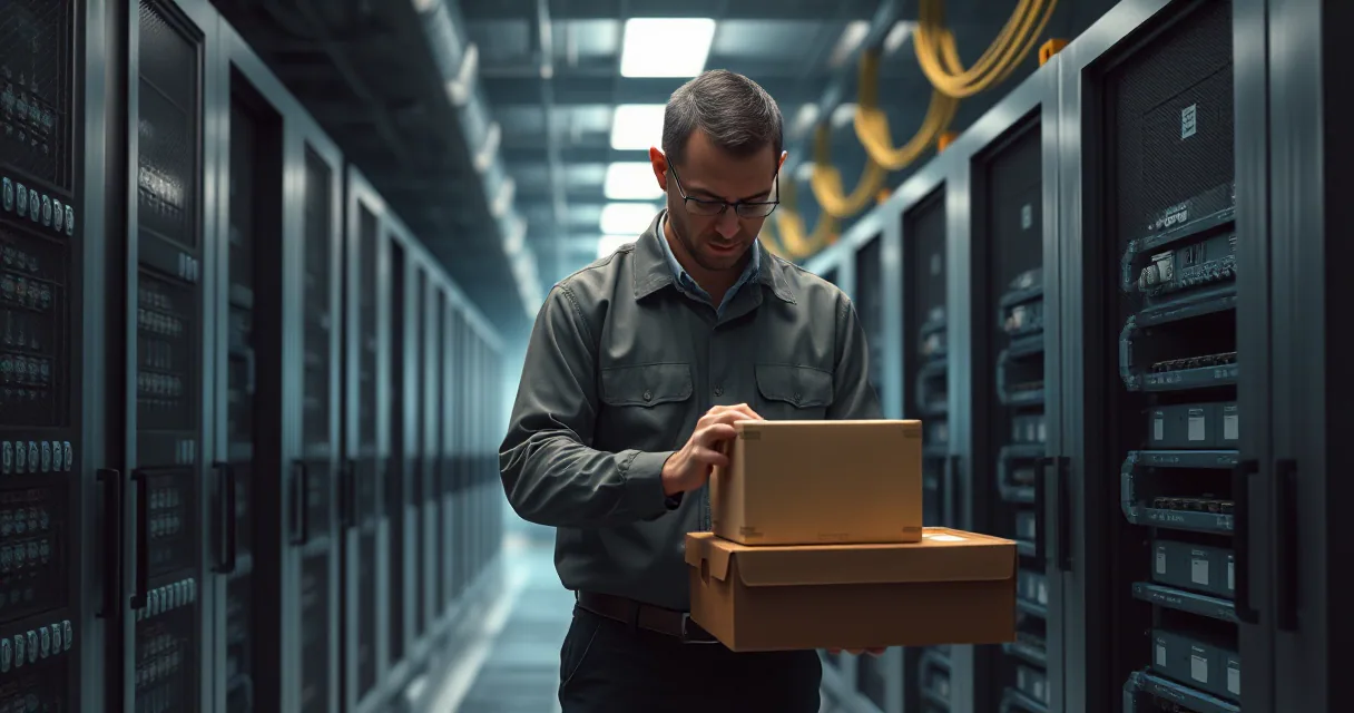A man in a grey uniform stands in a vast data center corridor filled with server racks, holding a plain cardboard box as if preparing it for distribution.