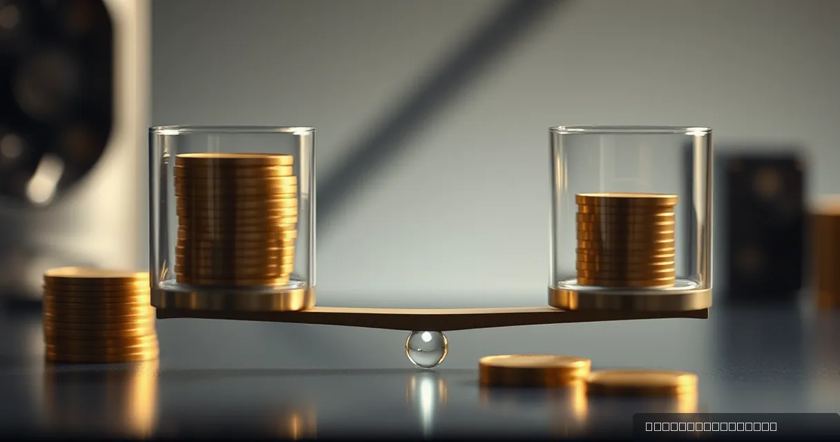 A cinematic close-up of a balanced brass scale with two glass cylinders containing stacks of golden discs, set against a blurred industrial background with warm and cool light tones.