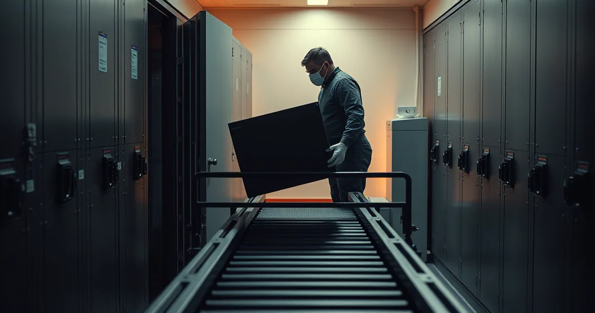 A technician in protective gear moves a large, matte black case onto a conveyor belt inside a high-security vault filled with rows of metallic storage units.