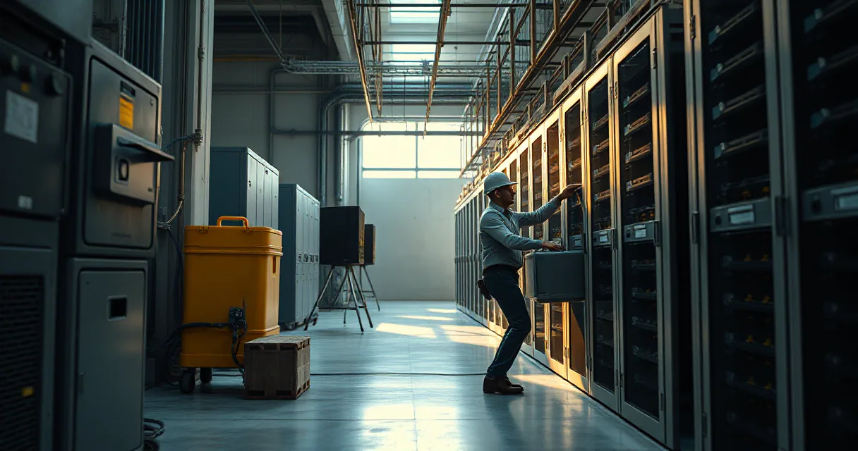 A technician wearing a hard hat and safety gear slides a server unit into a large rack in a dimly lit industrial mining facility. The scene is bathed in a mix of cool blue tones from the machinery and warm amber light from the interior of the racks.