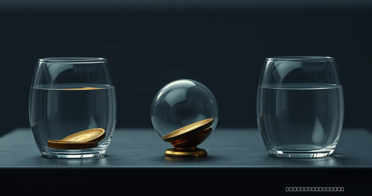 Two clear glass containers flank a central sphere holding a heavy gold-toned metal weight, set against a dark, minimalist background.