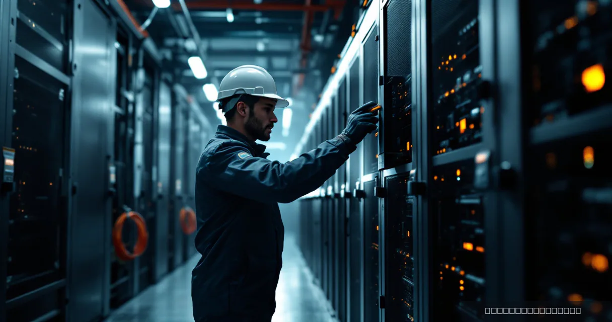 A technician wearing a hard hat and safety gloves works on server racks inside a dimly lit data center with blue and amber lighting.