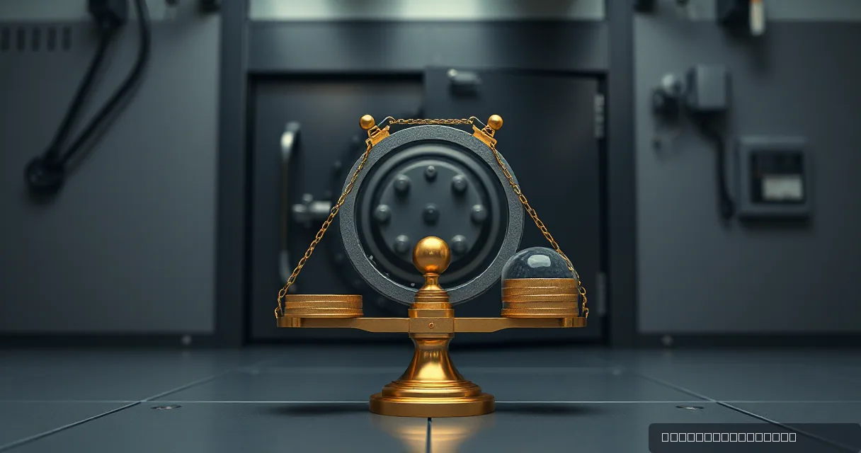 A golden brass scale sits in front of a large, dark metal vault door. One side of the scale holds a heavy gold bar, while the other holds a smooth grey sphere, symbolizing the balance between traditional security and modern digital assets.