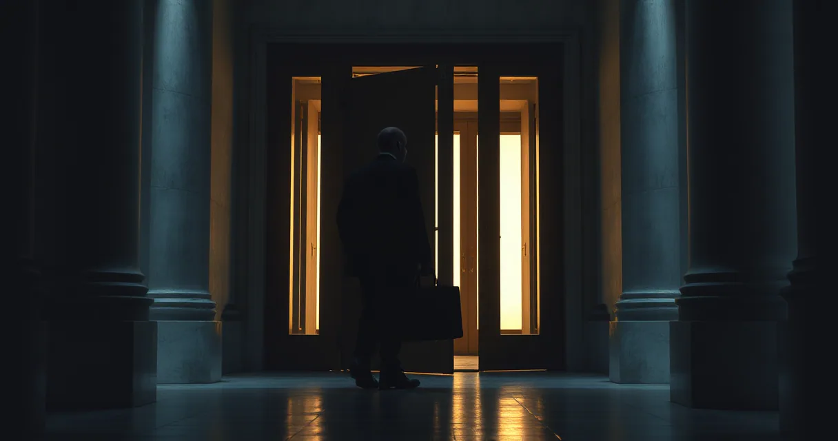 A silhouette of an anonymous figure carrying a briefcase walks through a large open doorway in a grand stone hall, transitioning from a cool blue exterior to a warm golden interior light.