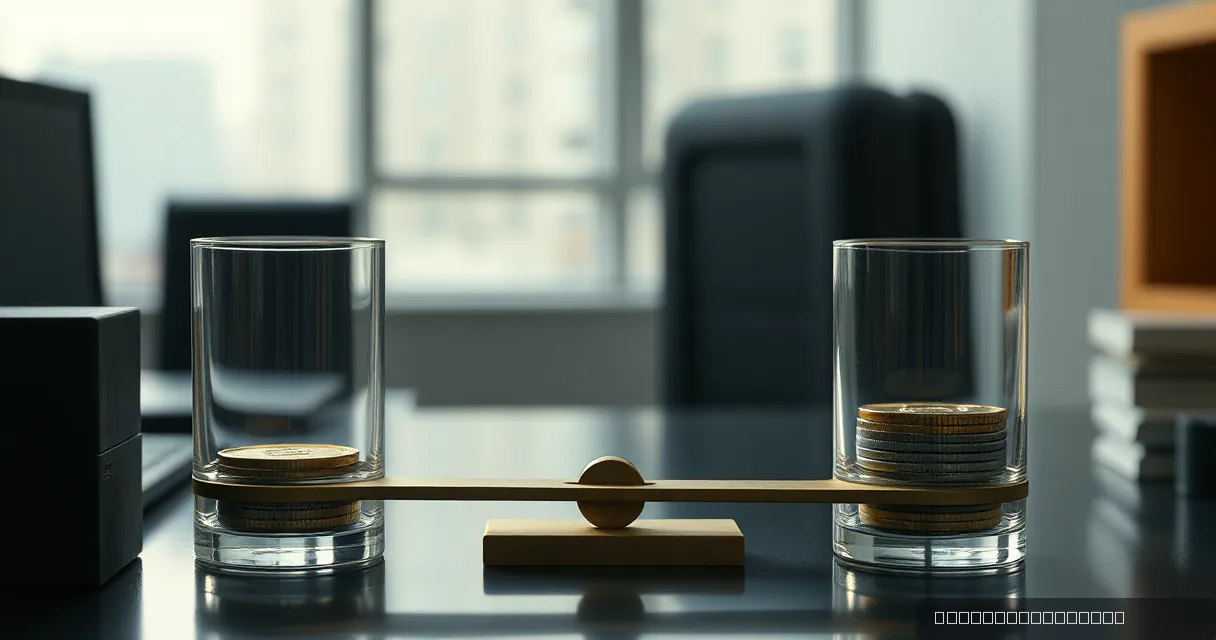 A balanced brass beam rests across two clear glass cylinders on a dark surface, symbolizing a shift in financial equilibrium. One cylinder contains several gold-toned discs, while the other holds a single one, set against a blurred office background with soft natural light.