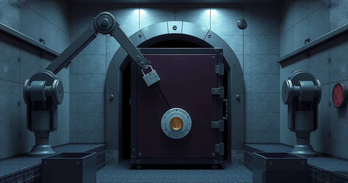 Two heavy-duty robotic arms maneuver a large, dark plum armored vault door into a reinforced concrete chamber, highlighting the theme of institutional security and containment.