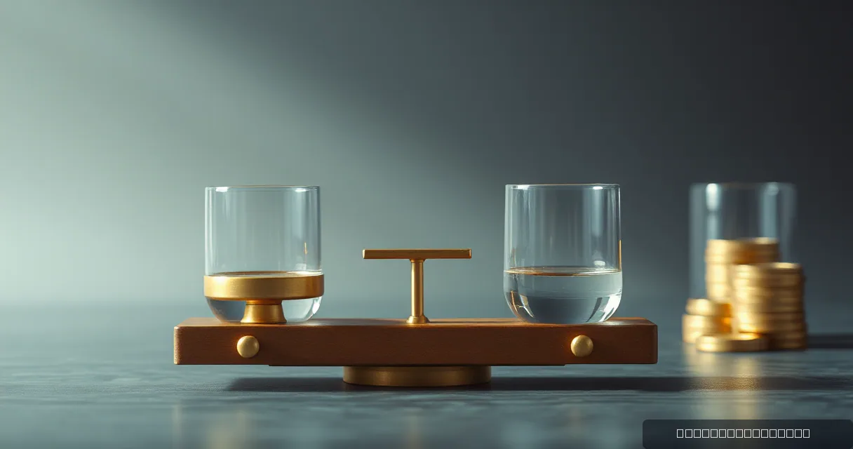 A cinematic close-up of a brass balance scale holding two clear glass containers; one contains a solid gold disc while the other holds liquid, set against a moody blue and grey background with soft lighting.