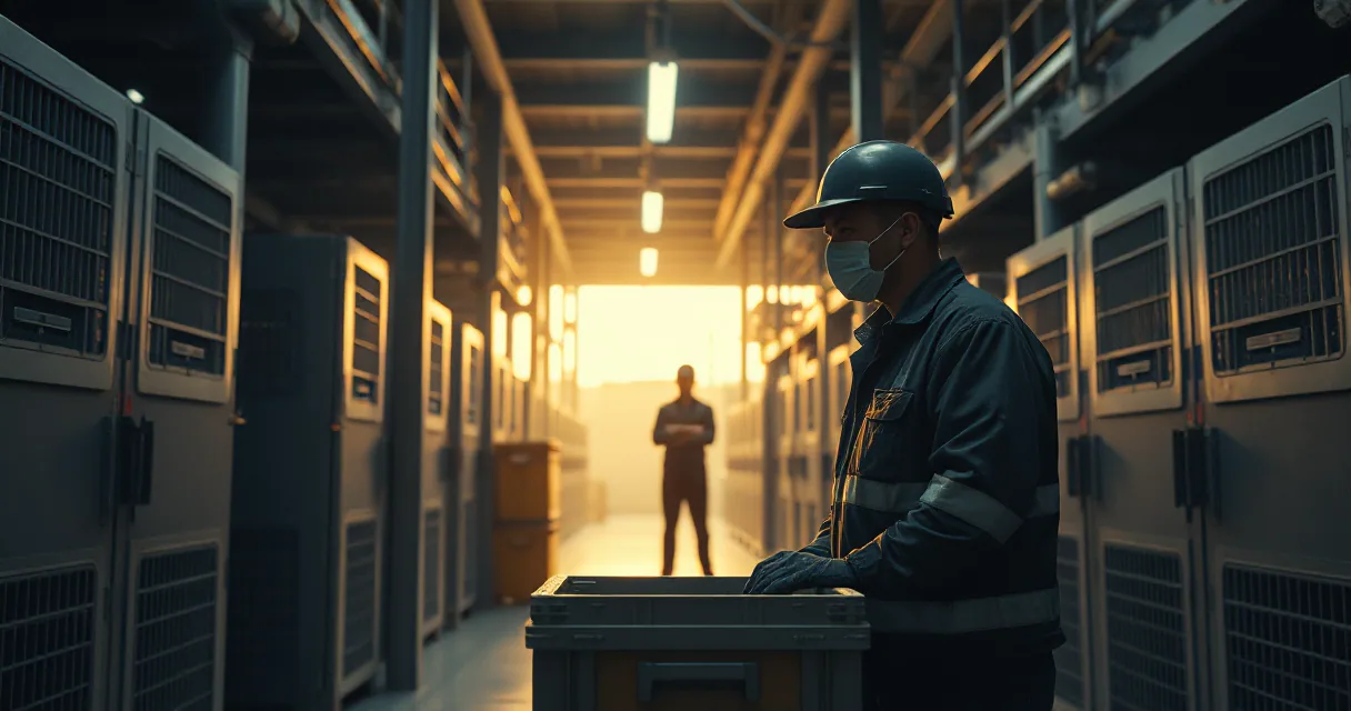 A cinematic editorial illustration of a technician wearing a hard hat and face mask standing in a vast mining facility. The worker is positioned in the foreground next to a large industrial crate, while another figure stands in the distance under warm light at the end of a corridor lined with server
