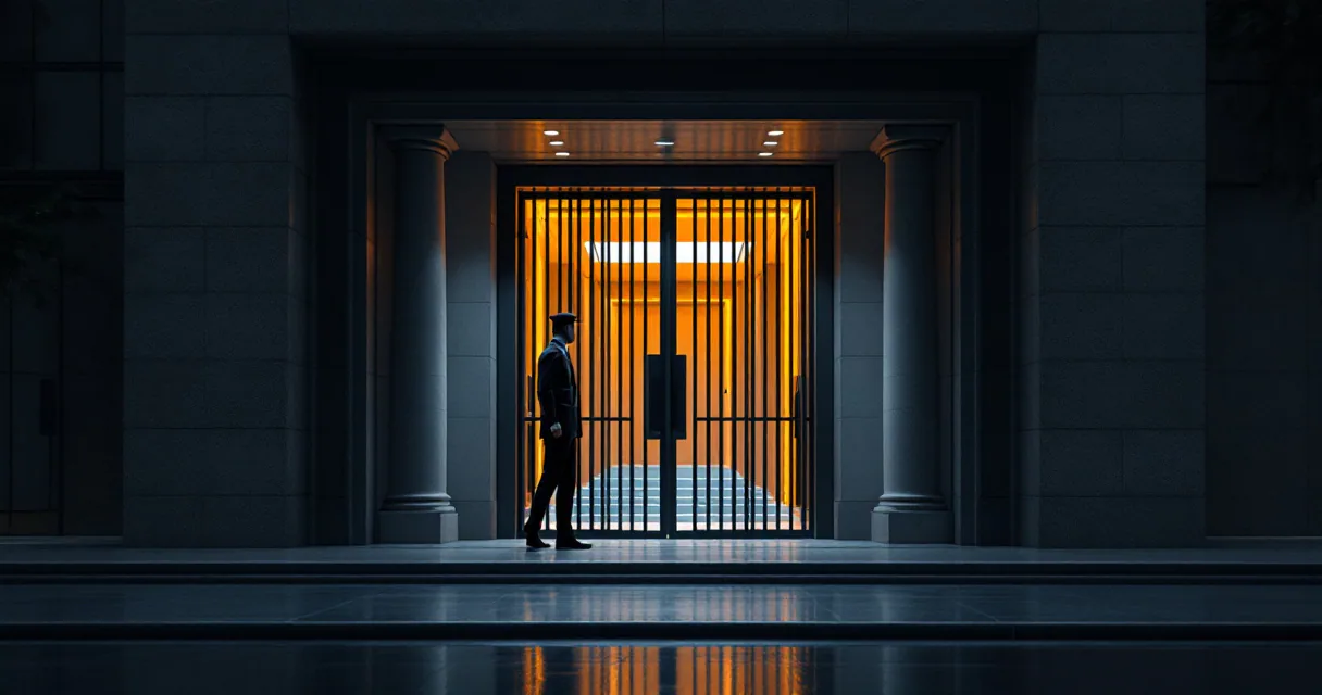 A lone official in a suit stands before a large, gated entrance illuminated with warm orange light, framed by stone pillars under a dark, moody sky.