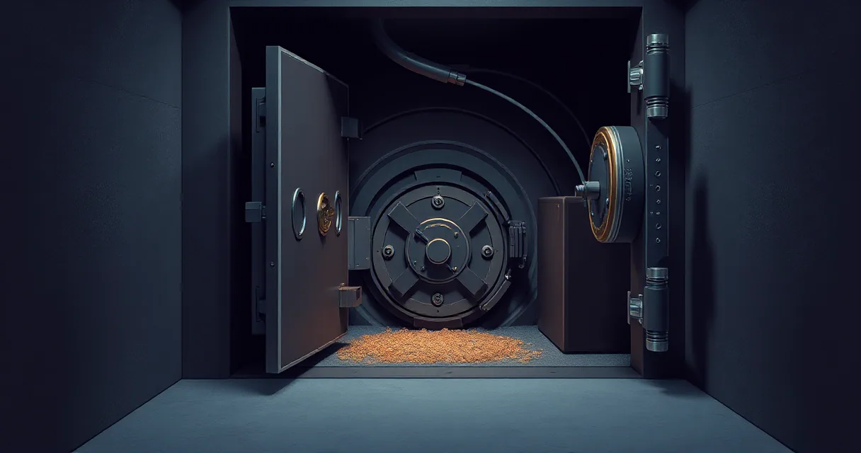 A cinematic wide shot of a heavy metallic vault door standing open, revealing a large circular mechanical chamber behind it. A pile of small golden-orange grains spills onto the floor at the threshold, symbolizing filtered data. The scene is lit with dramatic shadows and cool blue tones, emphasizing