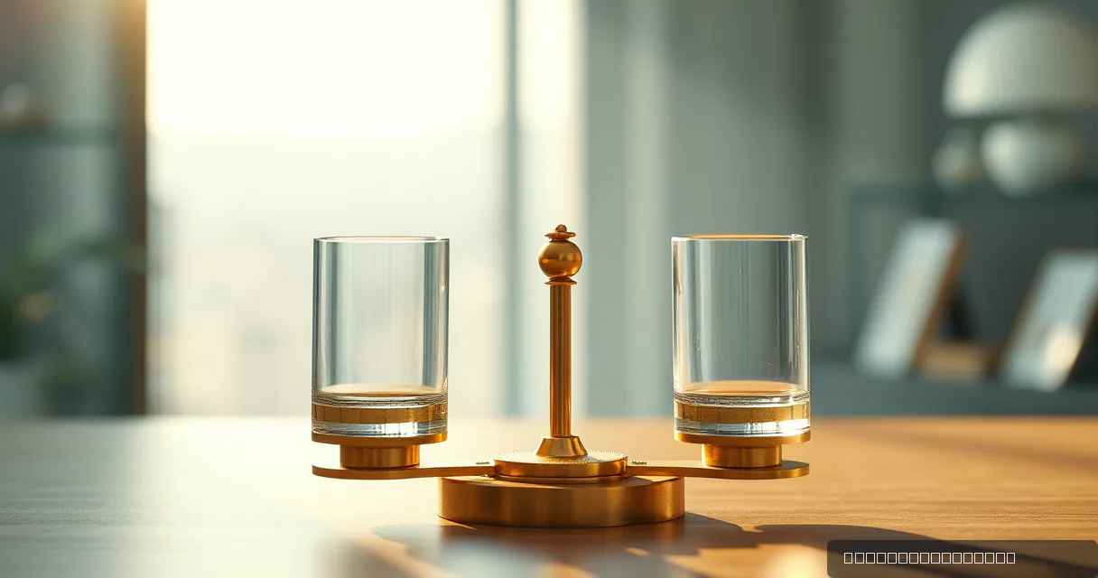 A cinematic close-up of a balanced brass scale with two clear glass containers on either side, set against a soft-focus morning light background.