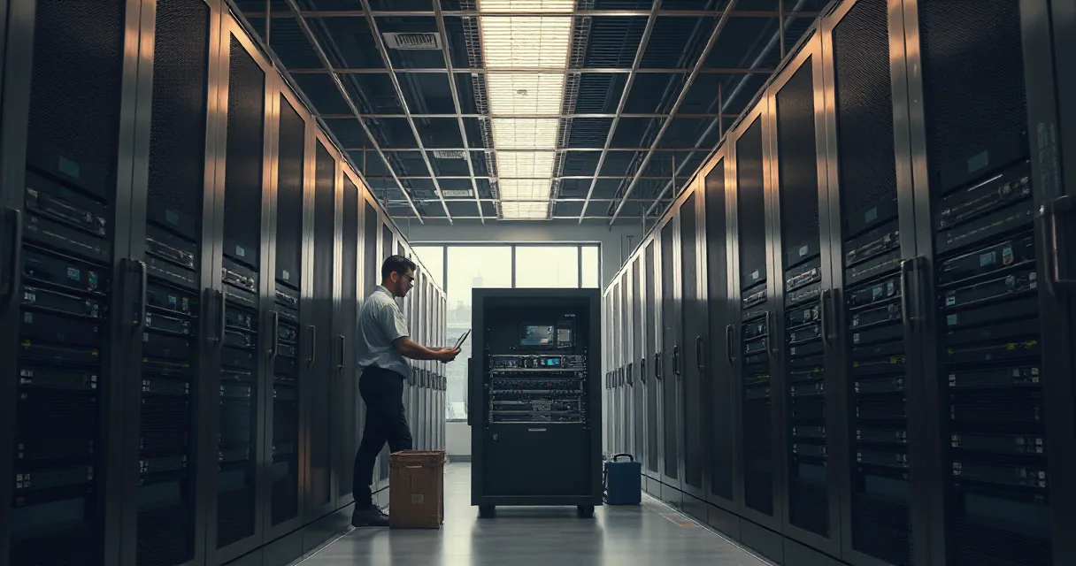A lone technician in a dimly lit server room works on a single rack unit, surrounded by rows of towering servers that stretch into the distance under industrial ceiling lights.