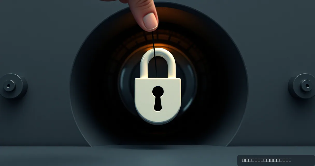 A close-up of a hand holding a thin wire that passes through a large, white ceramic padlock set into a dark, industrial vault door. The scene is lit with dramatic amber and cool grey tones, emphasizing the security of the connection.