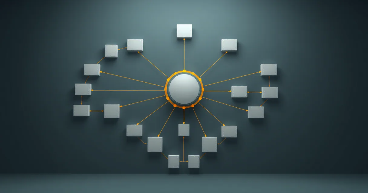 A 3D abstract illustration featuring a large central sphere surrounded by an orange ring. Numerous lines radiate from the center to smaller white cubes arranged in a circular network against a dark teal background.