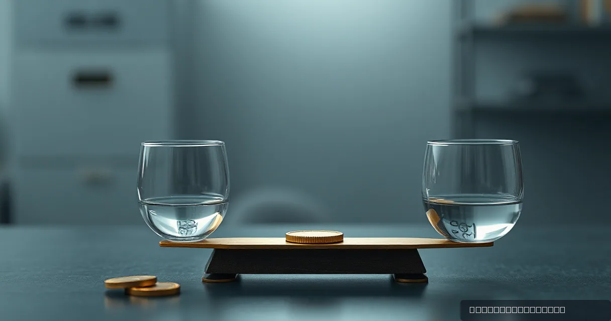 A cinematic close-up of a minimalist balance scale featuring two clear glass containers on either side, with gold-colored discs placed centrally to represent stable asset weight. The scene is set against a muted, out-of-focus industrial background in shades of grey and blue.