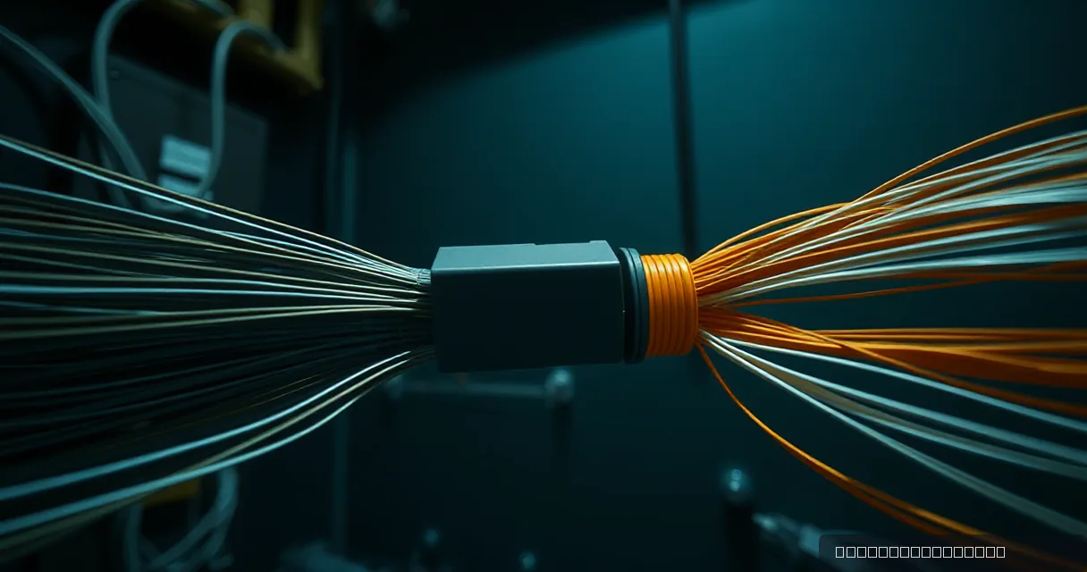 A cinematic close-up of a metallic coupling connecting two dense bundles of fiber optic cables. The left side features grey and white fibers, while the right side transitions into vibrant orange fibers, symbolizing a shift in data flow or narrative.