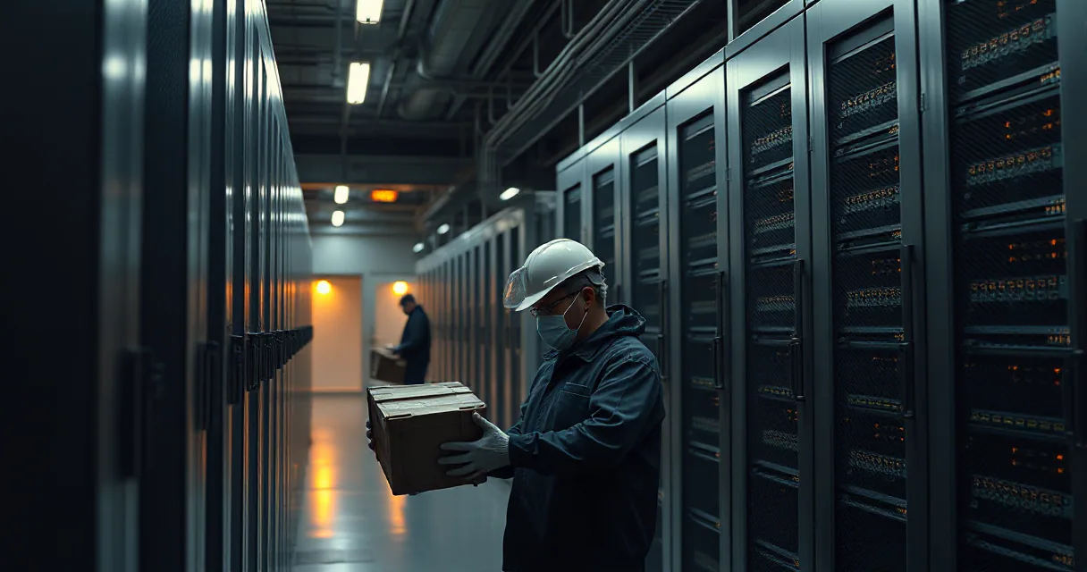 Two workers in protective gear and helmets are seen inside a vast data center corridor filled with rows of server racks. One worker in the foreground holds a large, plain container while moving through the aisle, illuminated by cool blue tones and warm amber highlights.