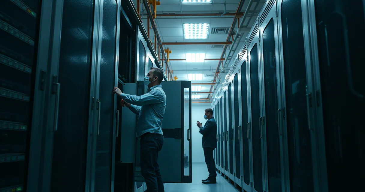 Two technicians work within a vast, dimly lit data center filled with rows of tall server racks. One technician in the foreground is inspecting an open rack door while another stands further back among the servers.