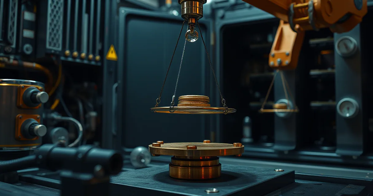 A cinematic close-up of a brass balance scale in an industrial setting. A small, detailed mechanical component is suspended on one side by thin wires, while a larger, heavy base sits firmly below it. The scene is lit with cool blue tones and warm highlights on the metallic surfaces.