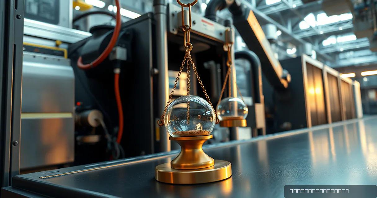 A cinematic close-up of a brass counterweight system in an industrial setting. A large glass sphere sits on a heavy brass base, balanced by a smaller sphere hanging from a chain, symbolizing market equilibrium and weight.
