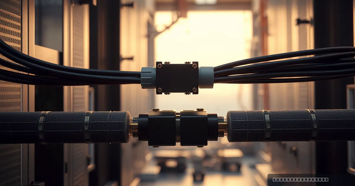 A cinematic close-up of a high-tech relay mechanism connecting two thick fiber optic cables in a dimly lit industrial setting with warm backlighting.