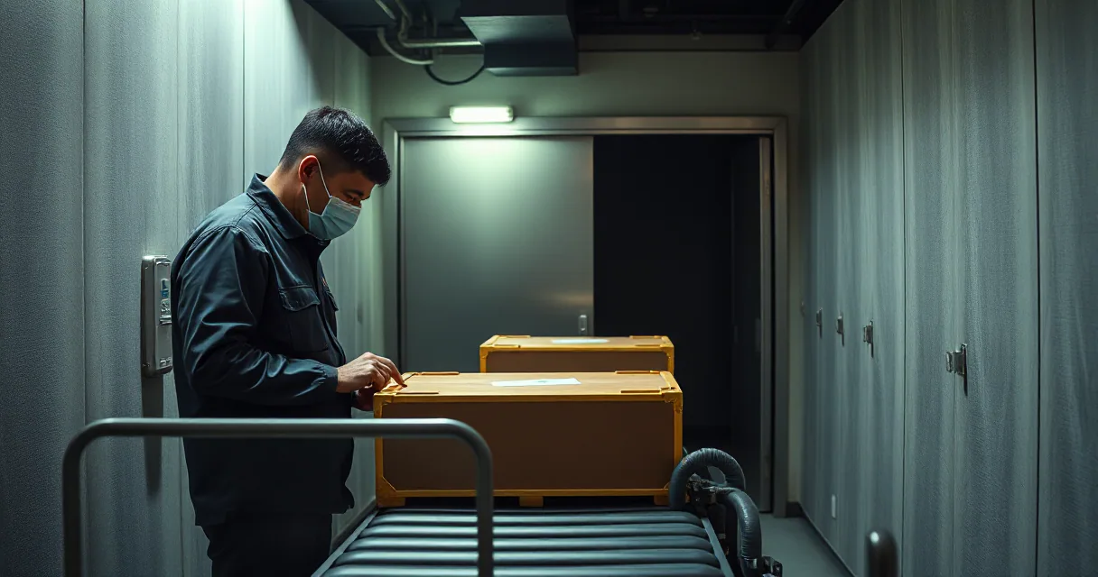 A technician in a dark uniform and face mask carefully handles a large orange industrial container on a conveyor belt inside a secure warehouse facility with rows of metal lockers.