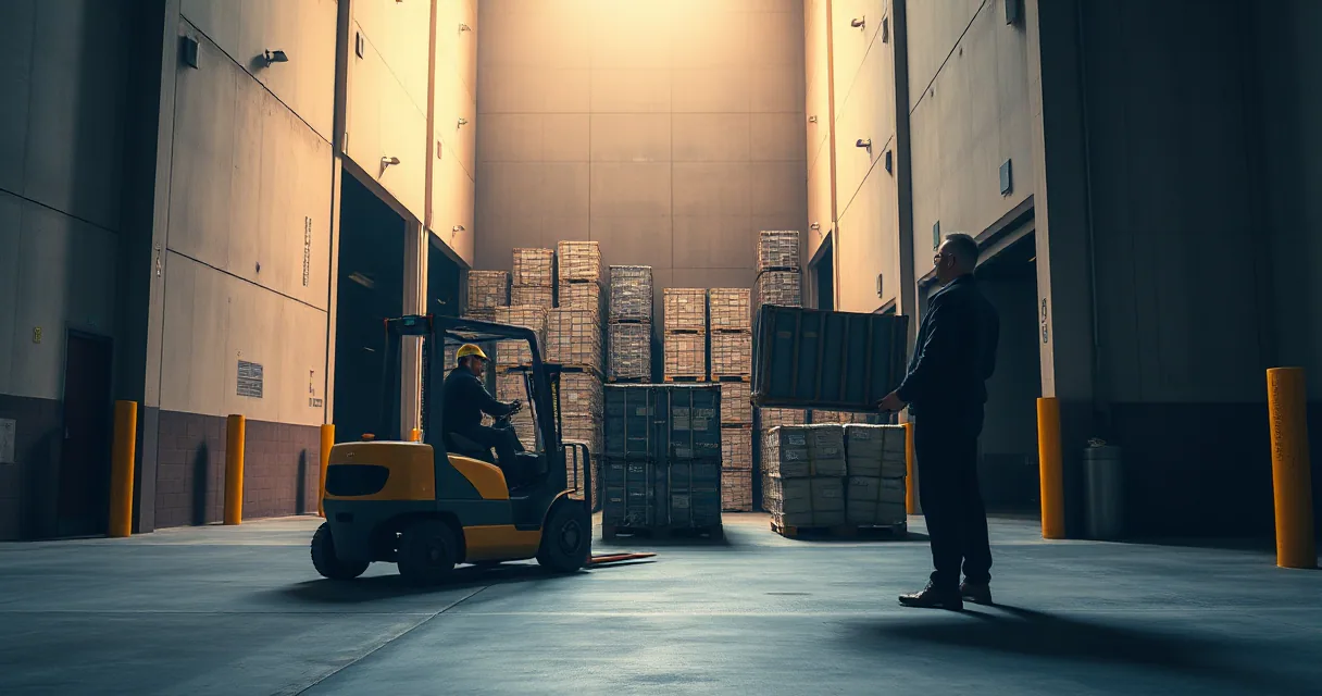 A cinematic wide shot of a warehouse loading dock where a forklift operator moves heavy crates while an official in a dark coat inspects the inventory under dramatic industrial lighting.