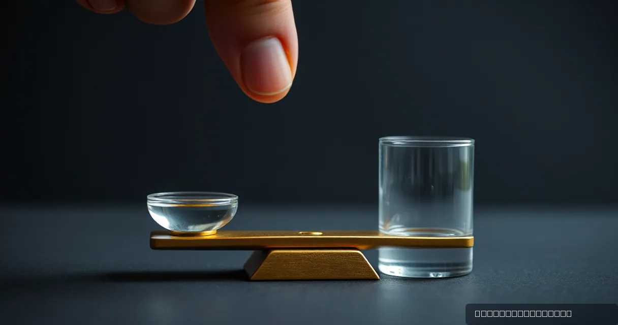A close-up of a brass balance scale holding two glass vessels: one small bowl on the left and a tall cylinder on the right. A human finger is poised above the smaller vessel, suggesting a moment of decision or a final adjustment in a delicate negotiation.